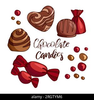 Set bright delicious pieces of milk chocolate candies. Celebrate World Chocolate Day. Vector illustration of dessert food. For packaging, menu, cookbo Stock Vector