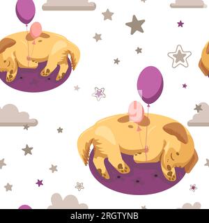 Seamless pattern. Cute childish illustration sleeping puppy balloons clouds, stars. Delicate colors. For nursery, printing on fabric, clothing, wallpa Stock Vector