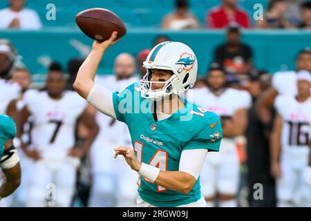 Miami Dolphins quarterback Mike White looks for an open receiver during the  first half of a preseason NFL football game against the Atlanta Falcons,  Friday, Aug. 11, 2023, in Miami Gardens, Fla. (