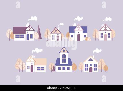 Suburban houses set isolated on white background. Vector cartoon ...