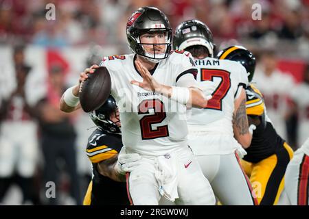 Tampa Bay Buccaneers quarterback Kyle Trask 2 scrambles away