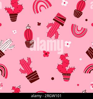 Bright summer cute pink seamless pattern domestic plants. Mexican cacti in pots, flowers, rainbows. Bright summer vector flat illustration. Houseplant Stock Vector