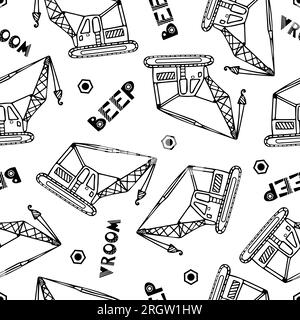 Construction machinery seamless pattern. Doodle vector illustration for boys in a scandinavian style. Lettering beep, vroom. Transport, machine, crane Stock Vector