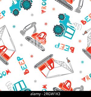 Childrens construction machinery seamless pattern. Cartoon illustration for boys in a scandinavian style. Transport machine excavator, tractor crane. Stock Vector