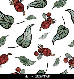 Rose hips, cranberries. Tree leaves. Seamless bright pattern with floral motif. Sketch style. For wallpaper, printing on fabric, packaging, background Stock Vector