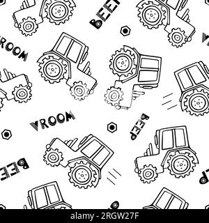 Construction machinery seamless pattern. Doodle vector illustration for boys in a scandinavian style. Lettering beep, vroom. Transport machine, tracto Stock Vector