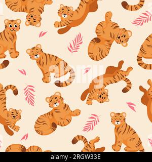 Bright summer tropical seamless pattern. Cute tiger, palm leaves childrens vector illustration cartoon style. For nursery, posters, prints on fabric. Stock Vector