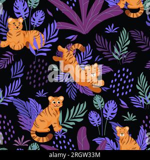 Bright summer tropical seamless pattern. Cute tiger, palm leaves childrens vector illustration cartoon style. For nursery, posters, prints on fabric. Stock Vector