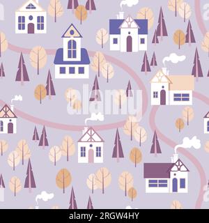 Seamless pattern in delicate purple lavender pastel colors. Vector illustration city landscape cute houses autumn trees. For printing on fabric, wrapp Stock Vector
