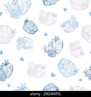 Bright seamless summer pattern. Blue strawberries and hearts in a cage on a white background. Vector illustration in doodle style. For printing on fab Stock Vector