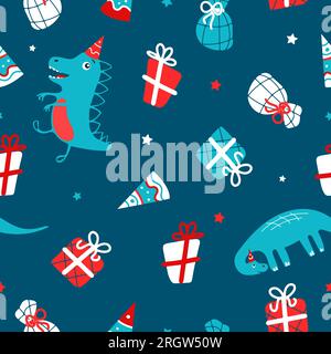 Bright cute festive childrens pattern. Funny dinosaurs, party hat, gifts. For christmas, birthday, new year. Vector illustration in cartoon style. For Stock Vector