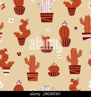 Bright summer seamless pattern domestic plants in trendy earthy colors. Mexican cacti in pots, flowers. Bright summer vector flat illustration. Housep Stock Vector