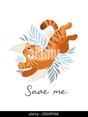 Vector illustration of a cute tiger, tropical leaves palm monstera. Animal protection. Ecology. International Tiger Day. World wildlife, Animal day. F Stock Vector