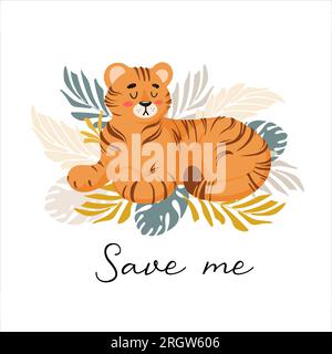 Vector illustration of a cute tiger, tropical leaves palm monstera. Animal protection. Ecology. International Tiger Day. World wildlife, Animal day. F Stock Vector