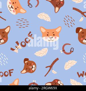 Bright childish pattern. Cute puppies, twigs and leaves, leash, lettering on a blue background. Vector illustration for nursery, printing on fabric, p Stock Vector