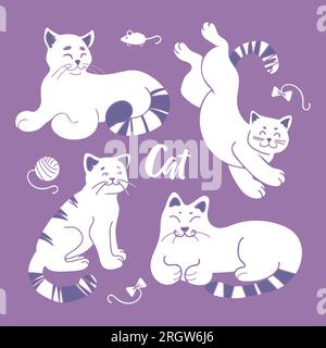 A bright set of cute white cats in different poses on a purple background. Pets in pastel colors. A ball of wool, a toy mouse, bows. For stickers, pos Stock Vector