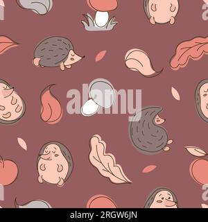 Cute seamless autumn pattern with hedgehogs, leaves, apple and mushrooms on dark background. In trendy earthy shades. For nursery, wallpaper, printing Stock Vector