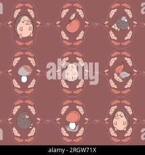 Cute seamless autumn pattern with hedgehogs, leaves, apple and mushrooms on dark background. In trendy earthy shades. For nursery, wallpaper, printing Stock Vector