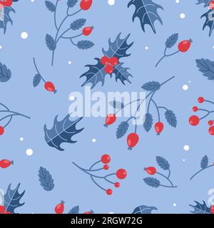 Bright Christmas pattern. Winter berries rosehip, holly. In red and blue festive colors. In a flat style. For nursery, wallpaper, printing on fabric, Stock Vector