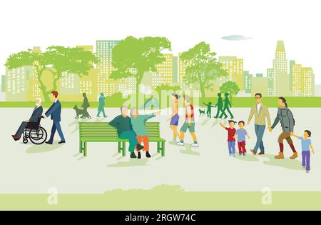 Families and people at leisure in the park, illustration Stock Vector