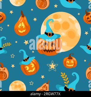 Halloween seamless pattern moon, witch hat, jack lantern, star and leaves. On a green background. Bright illustration cartoon style. For wallpaper, pr Stock Vector