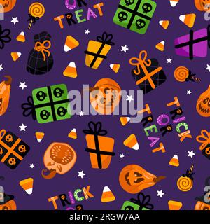 Halloween bright seamless vector pattern. Pumpkin lantern, witch hat, striped stockings, shoes, lollipops, gifts, stars, candy Corn. For nursery, wall Stock Vector