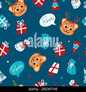 Christmas bright seamless pattern in cartoon style. Tiger symbol of Chinese New Year 2022. Gifts, stars, party hat, deer horns, trees, snowflakes. For Stock Vector