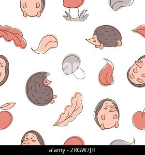 Cute seamless autumn pattern with hedgehogs, leaves, apple and mushrooms. In trendy earthy shades. For nursery, wallpaper, printing on fabric, wrappin Stock Vector