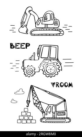 Children s set of construction equipment. Doodle illustration for boys in a scandinavian style. Transport machine excavator, tractor crane. For poster Stock Vector