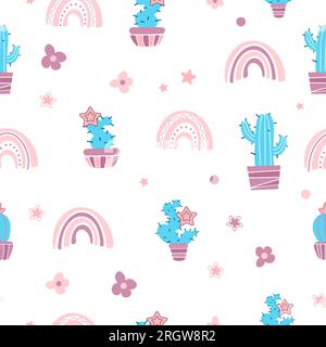 Bright summer cute seamless pattern domestic plants. Mexican cacti, flowers, rainbows. Bright summer vector flat illustration. Houseplant pastel color Stock Vector