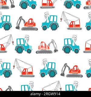Childrens construction machinery seamless pattern. Cartoon illustration for boys in a scandinavian style. Transport machine excavator, tractor crane. Stock Vector