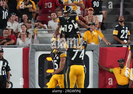 Pittsburgh Steelers guard Spencer Anderson (74) works during the first half  of an NFL preseason football game against the Atlanta Falcons, Thursday,  Aug. 24, 2023, in Atlanta. The Pittsburgh Steelers won 24-0. (