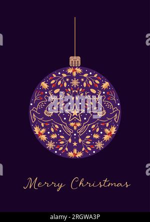 Bright artistic template Merry Christmas. Winter Christmas ball, deer, stars, berries, holly. In gold, red and purple festive colors. Vintage style. F Stock Vector