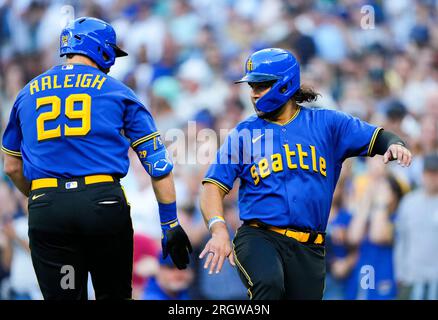 Seattle Mariners' Julio Rodriguez holds a trident in the dugout after  hitting a home run against the Oakland Athletics in a baseball game Monday,  Aug. 28, 2023, in Seattle. (AP Photo/Lindsey Wasson Stock Photo - Alamy