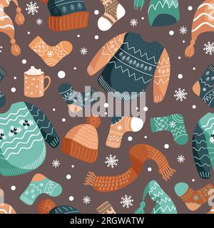 Vector Christmas illustration patterns of winter warm clothes. Hats, socks, ugly Christmas sweater, jumper, scarf. Mug with cocoa. In earthy shades. F Stock Vector