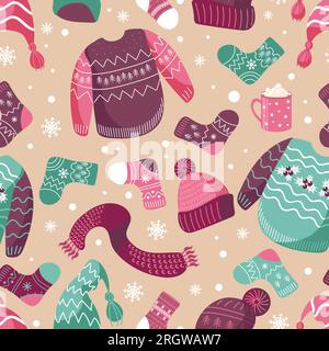Vector Christmas illustration patterns of winter warm clothes. Hats, socks, ugly Christmas sweater, jumper, scarf. Mug with cocoa. Pink-green shades. Stock Vector