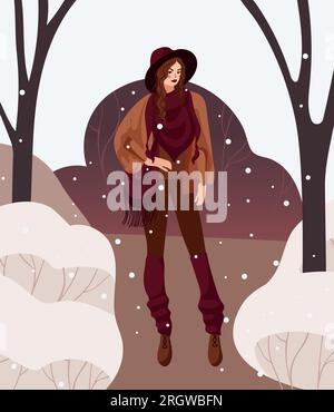A girl in boho outfit walks in a winter park. Bright vector illustration, warm earthy colors. Hat, snowfall, fringe, portrait, naturalness. For poster Stock Vector