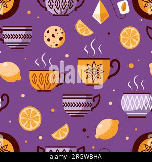 Seamless vector pattern cozy tea party handmade ceramic utensils with ethnic ornament. Mugs, plates, lemons, cookies and tea bags. For cafe, kitchen, Stock Vector