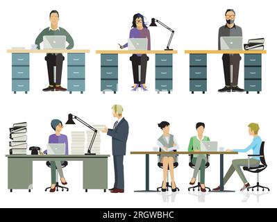 Office work at the desk, discussion of employees, illustration Stock Vector
