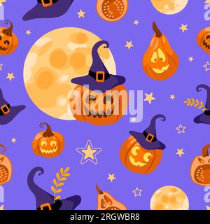 Halloween seamless pattern moon, witch hat, jack lantern, star and leaves. On a purple background. Bright illustration cartoon style. For wallpaper, p Stock Vector