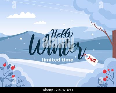 Banner winter sale. Beautiful bright landscape. Mountains and snow, berries. Azure mirror frozen water surface of lake. Vector Illustration for backgr Stock Vector