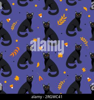 Halloween seamless pattern Black cat, autumn leaves, herbs and candy in orange tones, dark purple background. Bright illustration cartoon style. For w Stock Vector