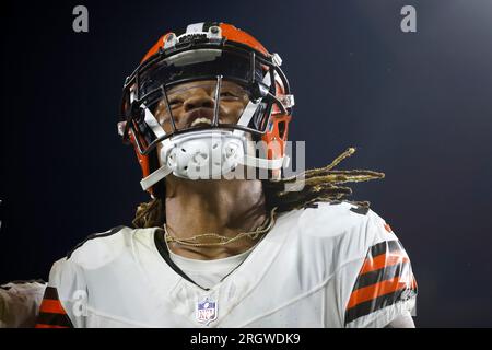 Cleveland Browns safety Ronnie Hickman Jr. (33) celebrates an interception  with teammates during the first half of an NFL preseason football game  against the Philadelphia Eagles on Thursday, Aug. 17, 2023, in