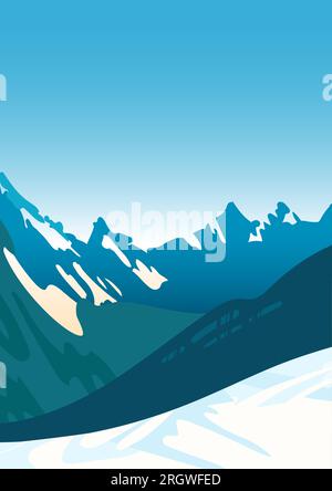 Snow-covered mountain ranges. Bright winter landscape. Winter sports. Snowboarding, ski resort. For posters, postcards, banners website Stock Vector