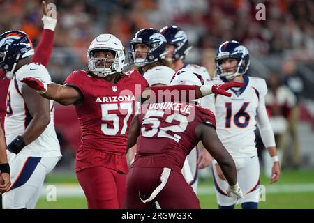 Arizona Cardinals linebacker David Anenih (57) lines up against the Kansas  City Chiefs during the first half of an NFL pre-season football game,  Saturday, Aug. 21, 2023, in Glendale, Ariz. (AP Photo/Rick