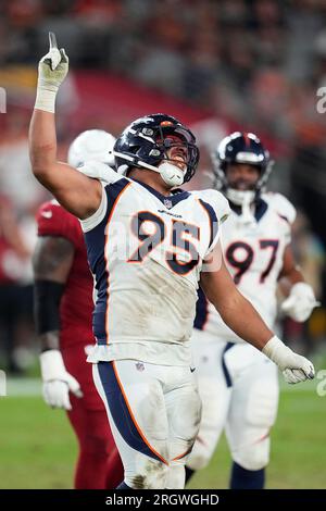 Denver Broncos defensive tackle Elijah Garcia celebrates after a sack  against the Arizona Cardinals during the second half of an NFL preseason  football game in Glendale, Ariz., Friday, Aug. 11, 2023. (AP Photo/Ross D.  Franklin Stock Photo - Alamy