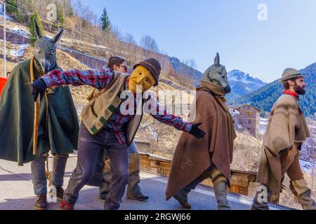 Valfloriana, Italy - February 26, 2022: Carnival participant reenacting local events, in the Valfloriana carnival, Trentino, Northern Italy Stock Photo