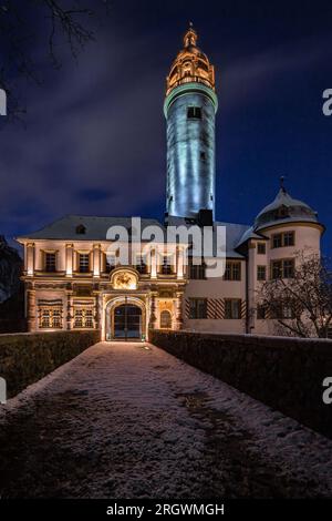The district of Höchst in Frankfurt, with its castle, the makant tower, half-timbered houses and its palace square. in winter at the blue hour Stock Photo
