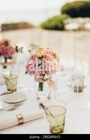 Wedding table decoration with flowers Stock Photo