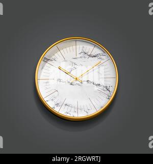 Golden clock on dark gray wall with shadow and copy space Stock Photo